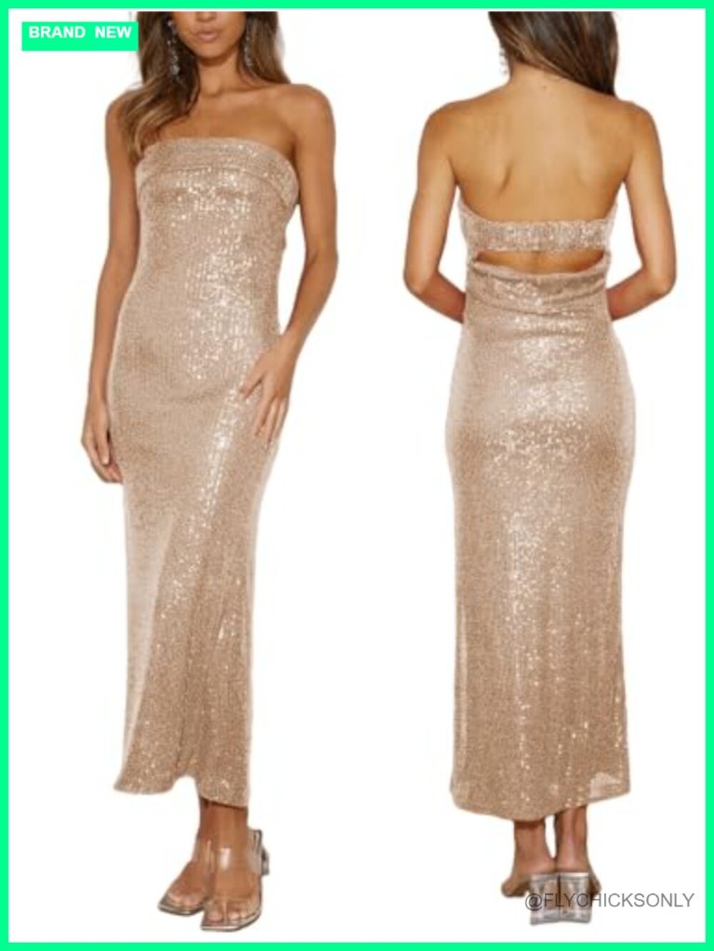 Strapless Sequin Midi Dress Bodycon Sleeveless Wedding Guest Cocktail Sparkly
